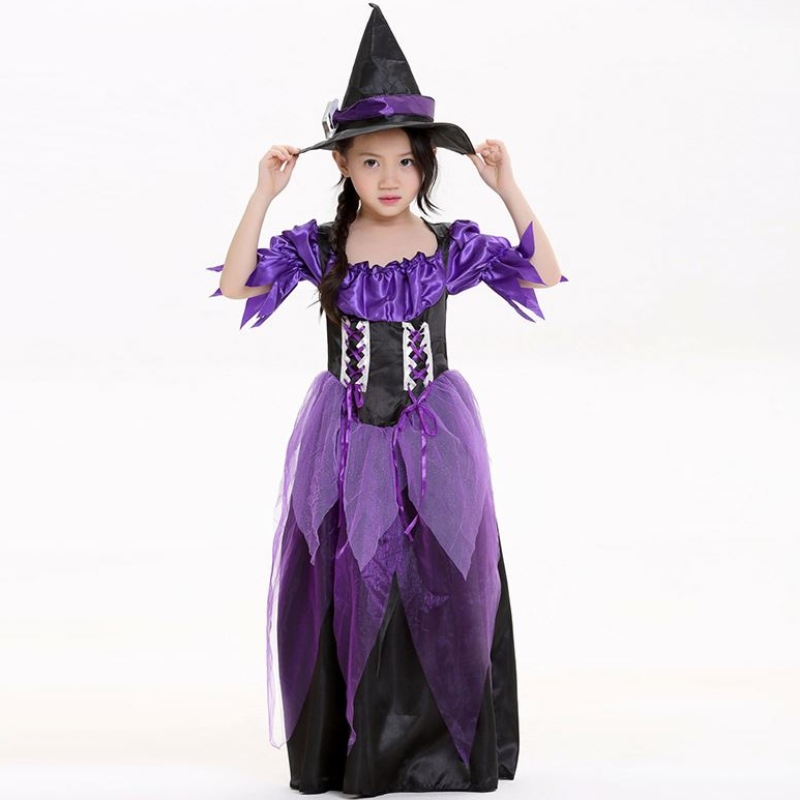 Carnival Party Mardi Gras Fantasia Kinder Kinder Mädchen Märchen lila Hexenkostüm Kinder mit Hut HCVM-015