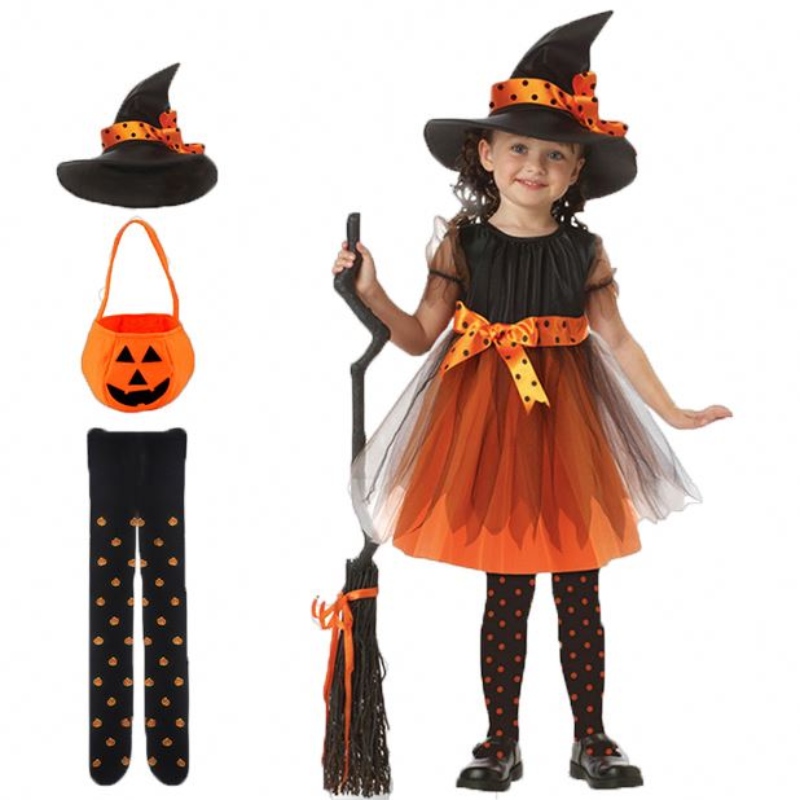 Hexenkleid Kleidung Set Hut Kürbis Tasche Strumpfhosen Kinder Mädchen Halloween Cosplay Hexen Kostüm Teenager Baby Kleid Kleid Kind