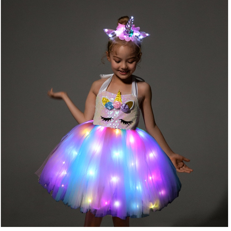 2022 Kinder Mädchen süße Einhornkostüme mit LED -Lichtkleid für Halloween Geburtstagsfeier Geschenk Ärmel Kleidung Kleidung Kleidung