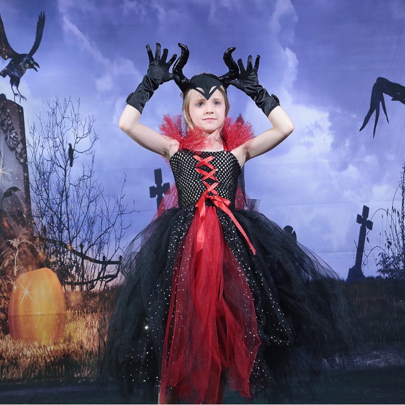 Amazon Hot Selling Kids Girls Deluxe Halloween Vampir Witch Kostüm Fee Prinzessin Evil Tutu Kleid Hörner Stirnband