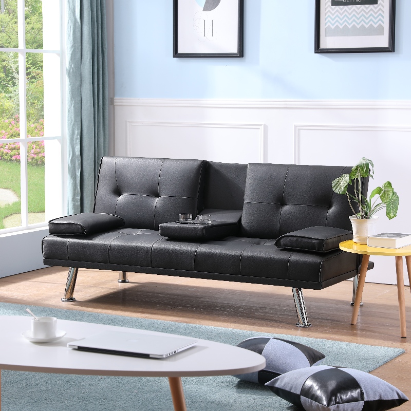 Faux Leder -Schnittsofa Wohnzimmersofa Set mit Cupholder -Klappsofa Bett