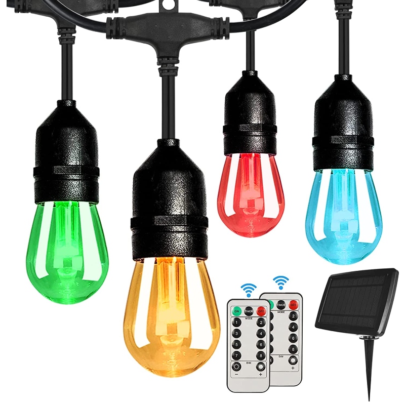 48ft Solar Outdoor RGB -Saitenleuchten, dimmbare Terrassenschnurleuchten mit 2 Fernbedienung, Solarschulenleuchten wasserdicht mit 15 hängenden Lampenleuchten für Gartenbistro, Party