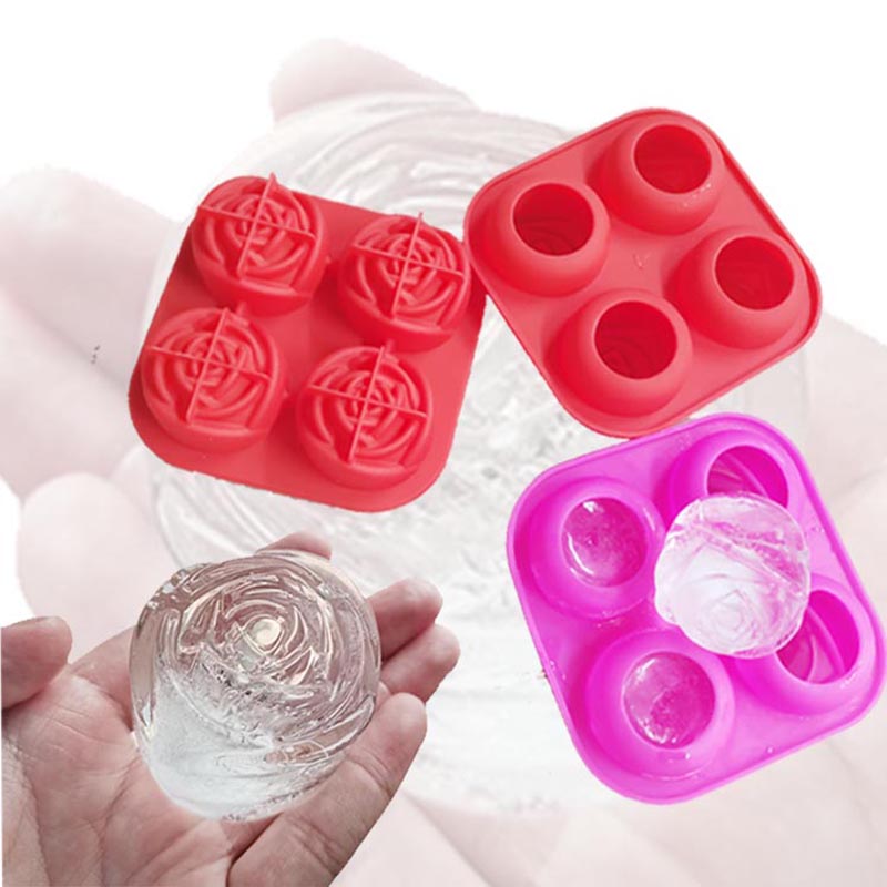 Silikon 3D Rose -Eisform großes Eiswürfelschale, 4niedliche blumförmige Eis, Silicon Gummi Spaß großer Eisballhersteller für Cocktailsaft Whisky Bourbon Gefrierschrank, Geschirrspüler, drei Farbe