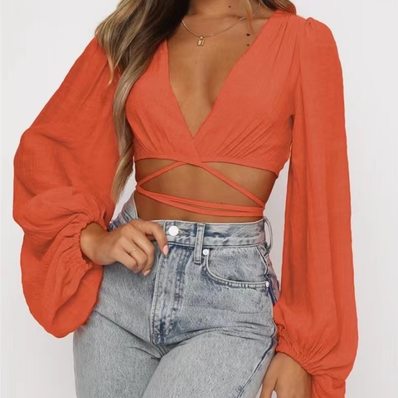 Heißer Verkauf von Frauen Laternenhülsen lässig Langarm sexy Top