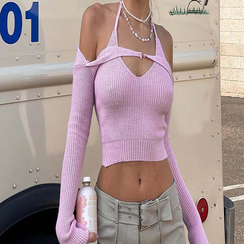 Fabrik Custom 2023 Sommer Rosa gegen Nacken unregelmäßige Halfterhals Langarmige sexy Mode Kurzgestrickte Frauen 's Pullover