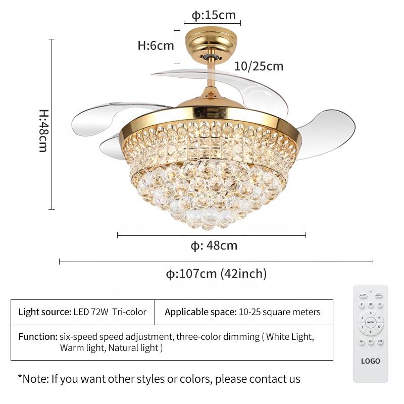 K006 Kronleuchter Deckenventilator mit Licht mit abgelegener 42 -Zoll -3 -Farbe mit Lautsprecherkristalllüfter Kronleuchter