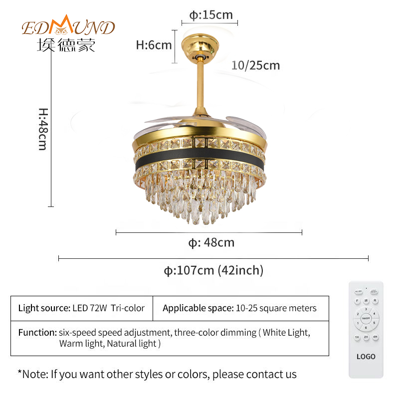 K012 Kronleuchter Deckenventilator mit Licht mit abgelegener 42 Zoll 3 Farbe mit Lautsprecherkristalllüfter Kronleuchter