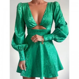 V-Ausschnitt Hollow Jacquard Kleid Laternenhülle kurzes Kleid Frühling Vintage Style A-Line-Kleid