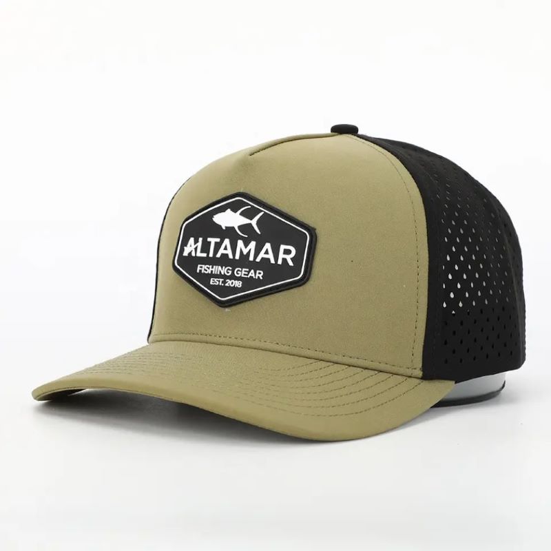 Custom 5 Panel wasserdichte Armee Grüne Polyester Laser -Schnittloch Sporthut, perforierte Golf Gorras, Gummi -Patch -Logo -Baseballkappe