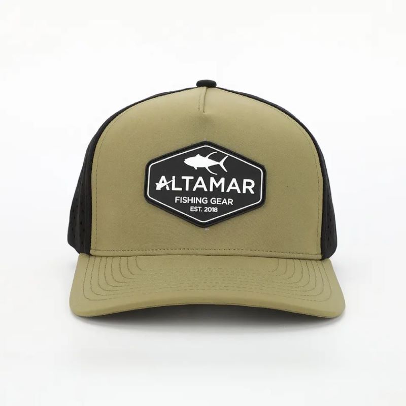 Custom 5 Panel wasserdichte Armee Grüne Polyester Laser -Schnittloch Sporthut, perforierte Golf Gorras, Gummi -Patch -Logo -Baseballkappe