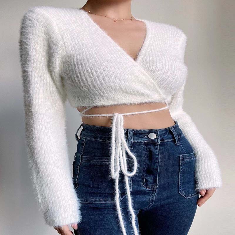 Sexy tiefe V-Ausschnitt hohe Taille kurz gestrickte Strickjacke Pullover