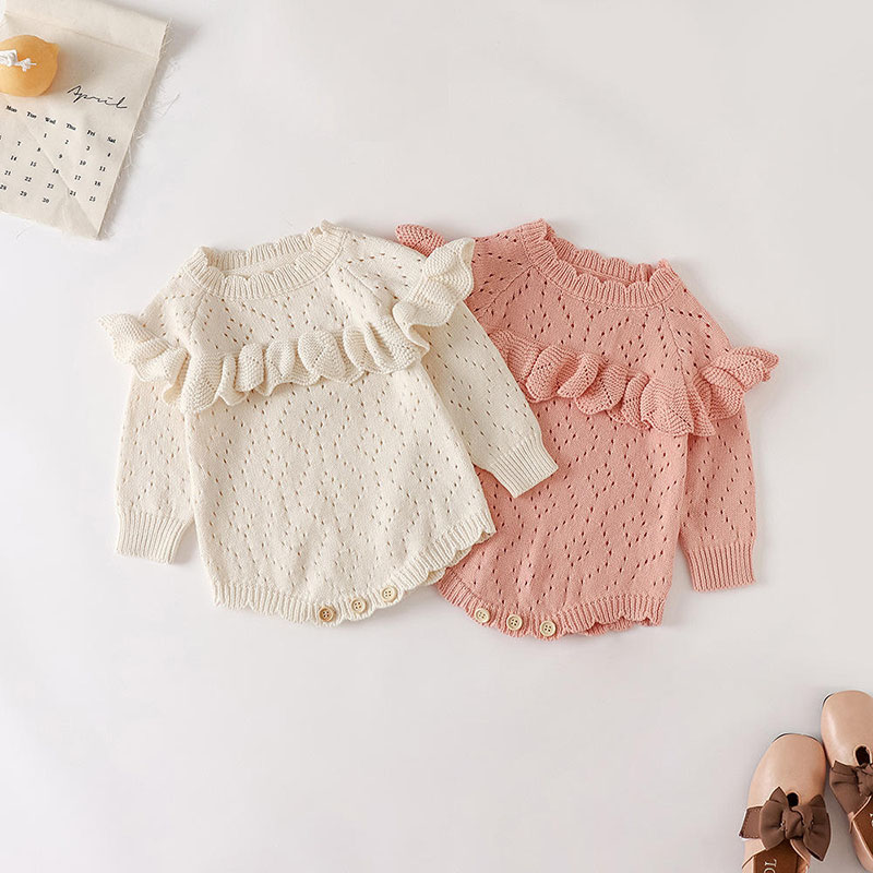 Herbst und Winter Neue Mädchen \\\\ 'Baby gestricktem Overall ausgehöhlt, ausgehöhltes Longärmelte-Strick-Knopf-Jumpsuit ausgehöhlt