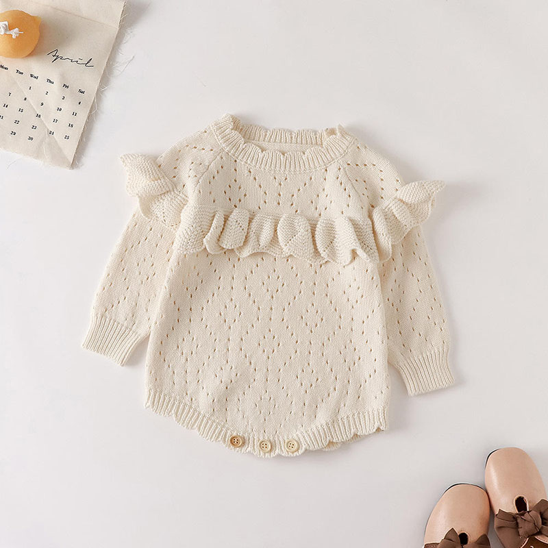 Herbst und Winter Neue Mädchen \\\\ 'Baby gestricktem Overall ausgehöhlt, ausgehöhltes Longärmelte-Strick-Knopf-Jumpsuit ausgehöhlt