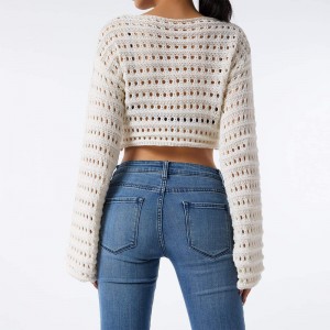 Frauen Hohlaushobe Häkeln Strickschnitzer Crop Tops Farbblock Langarm quadratischer Nacken Fall Pullover Tops