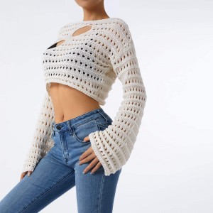 Frauen Hohlaushobe Häkeln Strickschnitzer Crop Tops Farbblock Langarm quadratischer Nacken Fall Pullover Tops
