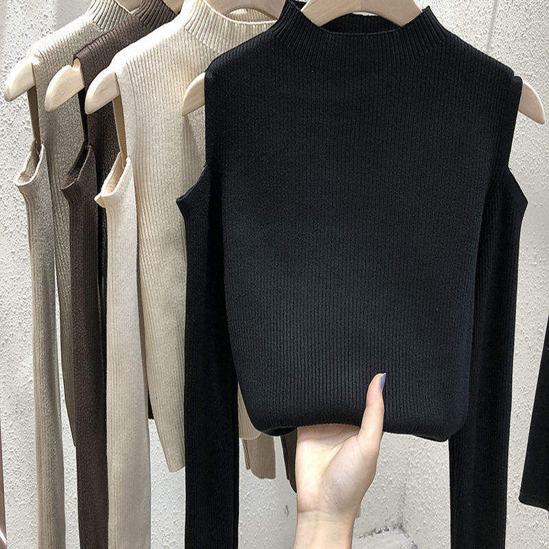 2023 Neue Mode Frauen Winterpullover Koreanische Solidfarbe außerhalb des Schulters Langarmed Top Basis-Hemd-Hemdpullover