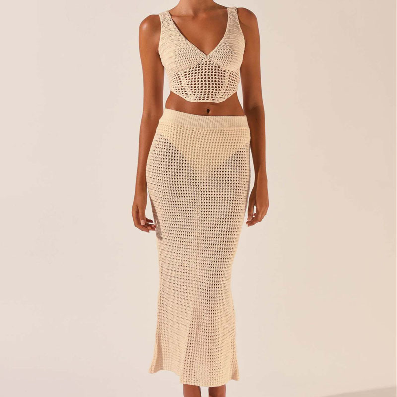 2023 Neue Frauen Kleidung Häkelhöre hohles Stricken V-Ausschnitt ärmellose Weste Crop Top Sexy Hüftrock 2-teilige Anzug Kleid Pullover
