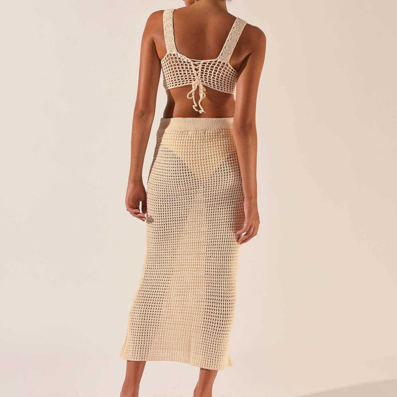 2023 Neue Frauen Kleidung Häkelhöre hohles Stricken V-Ausschnitt ärmellose Weste Crop Top Sexy Hüftrock 2-teilige Anzug Kleid Pullover