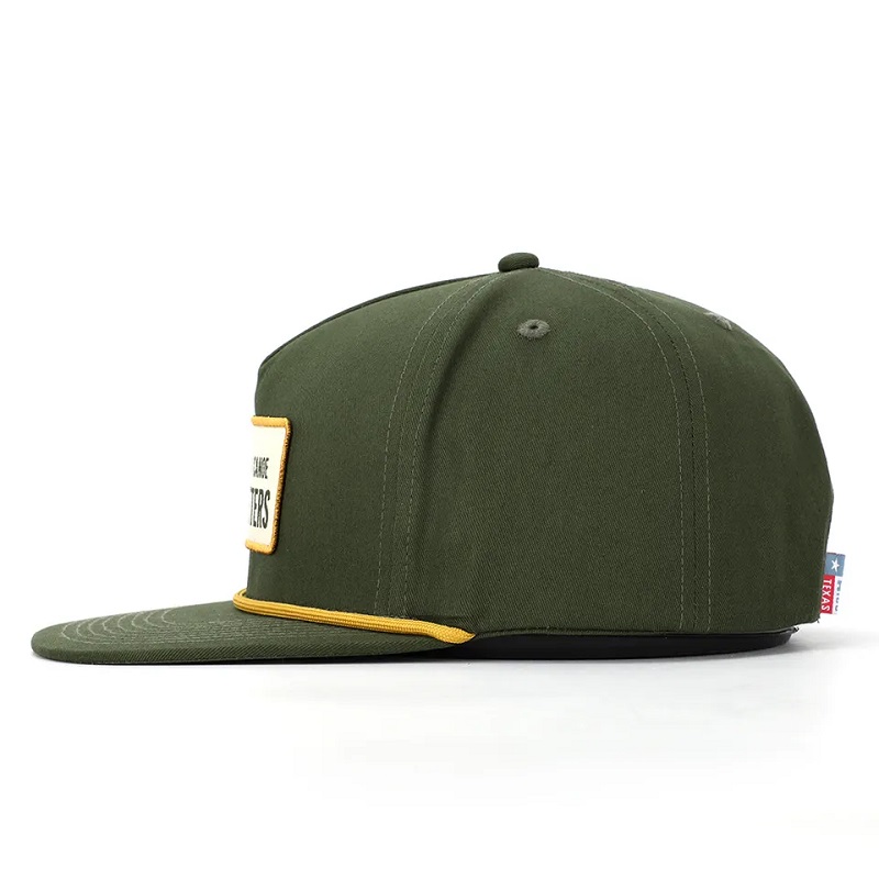 OEM Custom hochqualitativ hochwertige klassische 5 -Panel -Armee Grüne Baumwollsticke gewebtes Patch -Logo Seilschnapphut Hut