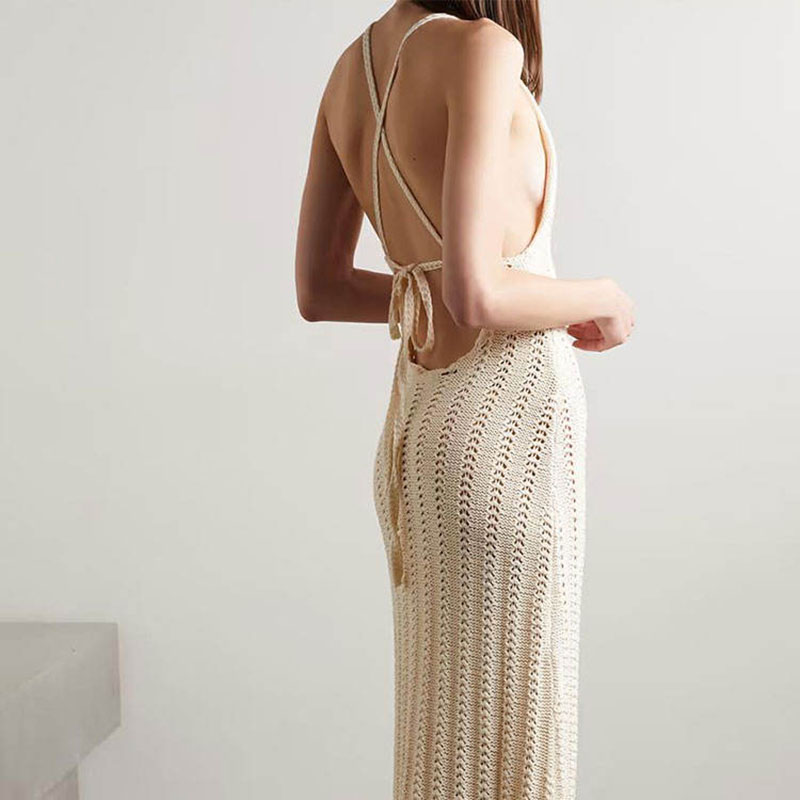 Strickwarenhersteller kundenspezifische runde Hals Schlinge höhle out Rückenless sexy Frauen Strickkleid gestrickt
