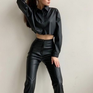 Herbst- und Winter-Motorrad sexy matte PU-Leder mikroelastische langärmelige kurze Hemd