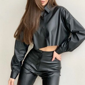 Herbst- und Winter-Motorrad sexy matte PU-Leder mikroelastische langärmelige kurze Hemd
