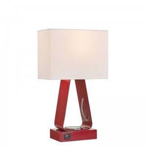 Winzige Schreibtischlampe mit rotem Finish, einem USB -Ladeanschluss, einer drahtlosen Ladestation und einem auf/off Rocker -Schalter im Gästezimmer