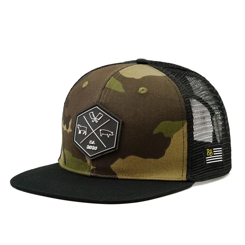 Großhandel Customized Hip Hop Camo Snapback Mesh bestickter Patch -Logo Custom 6 Panel Flat Bim Trucker Cap und Hut