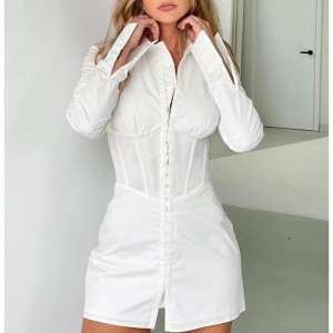 Europäische und amerikanische Mode Taille Langärmelte Kleid Polo Kragen weißes Hemdkleid Kleid