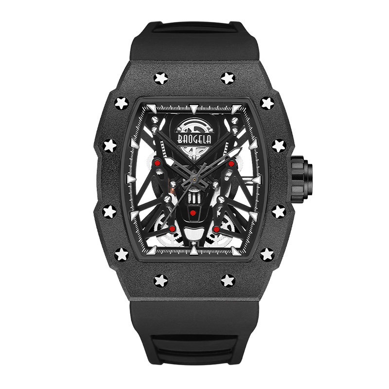 Baogela Silver Black Sport Quarz Uhr für Männer Tonneau Zifferblatt Analoges wasserdichte Armbanduhr mit Silikongurt leuchtende Hände 4145