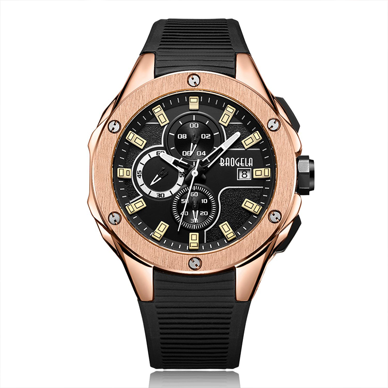 Baogela Luxusbrand Männer Silicone Sports Uhren Modearmee Watch Man Chronograph Quarz Armbanduhr Relogio Maskulino Rose 22608