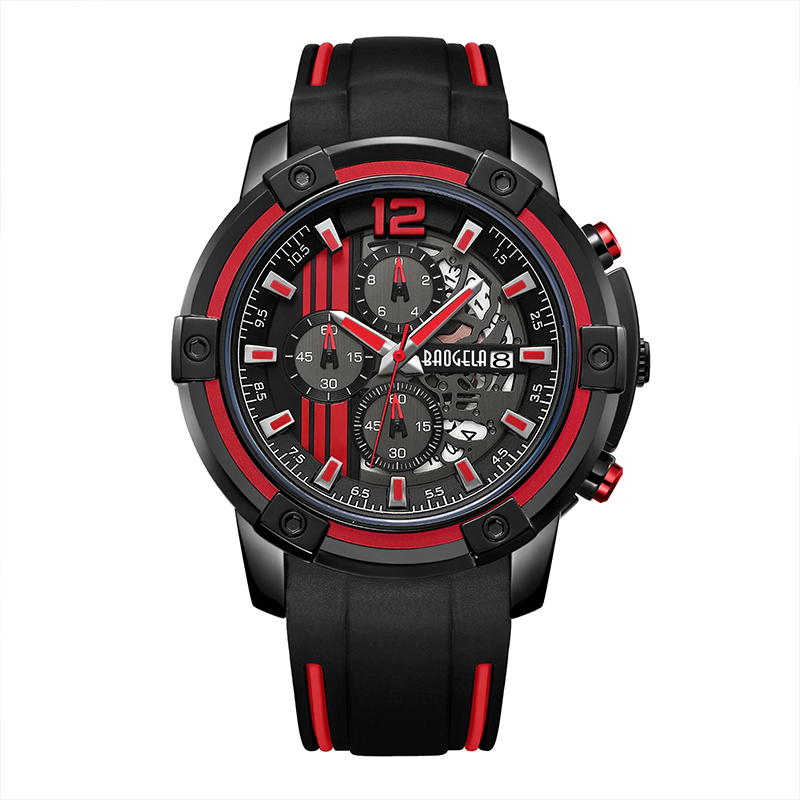 Baogel Men 's Black Silicon Gurt Quarz Uhr Uhr Chronograph Sport Armbandwatch für Mann 3atm wasserdichte leuchtende Hände gelb 22701