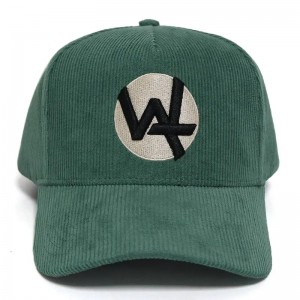 Maßgeschneiderte direkte Werksfabrik 5 Panel Baseball Cap Green Cordhut mit 3D -Puff -Sticklogo Baumwoll -Schweißband Winterkappen