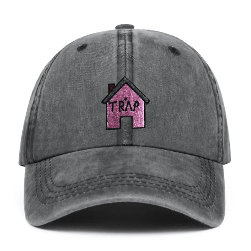 100% Baumwolle gewaschene Trap House Stickerei Männer Frauen Hip Hop Sport Cap Logo Custom Fashion Baseball Hut