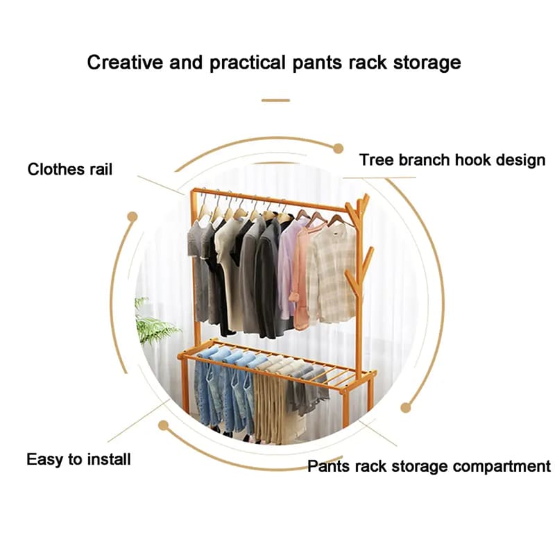 Zwei -Schicht -Lagerregal mit schwerem Roll -Pull -Stange -Kleidung Hangestange Bambus Bambus Hängestange
