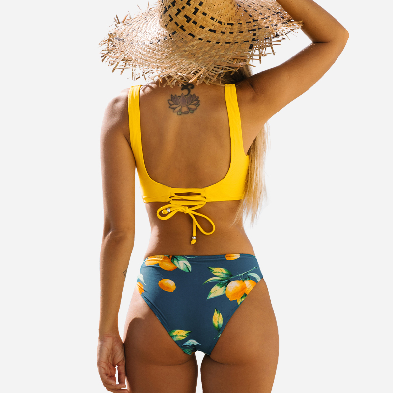 Gelbe Wrap vorne&Blumendruck Bikini Set