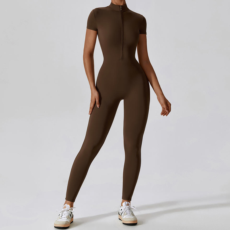 SC1075 One -Stück Training Yoga -Overalls solide Kurzarm halbe Zip -Fitnessstudio Strampler Bodysuit