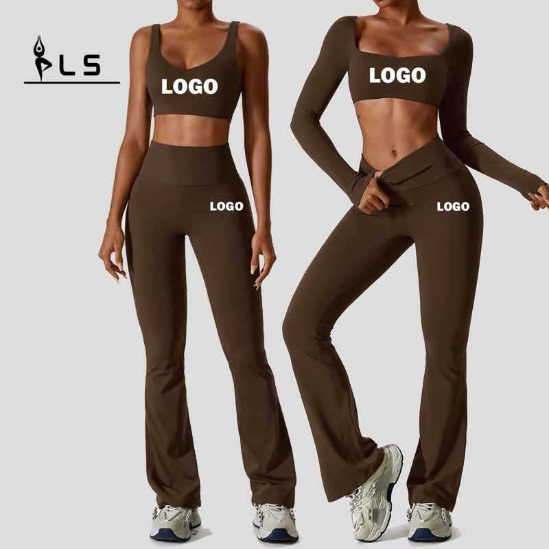 SC9272 Yoga Sets Fitness Frauen 2023 Langarm Sport BH Gymnasten Sporthosen zweiteilige Flare Leggings Verschleiß Set
