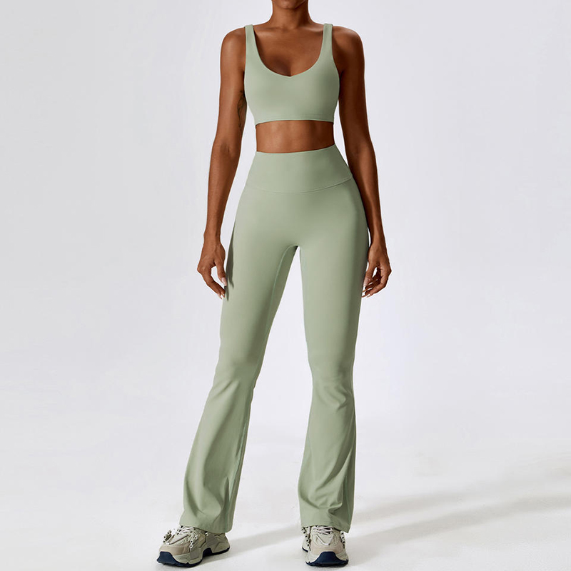 SC9272 Yoga Sets Fitness Frauen 2023 Langarm Sport BH Gymnasten Sporthosen zweiteilige Flare Leggings Verschleiß Set