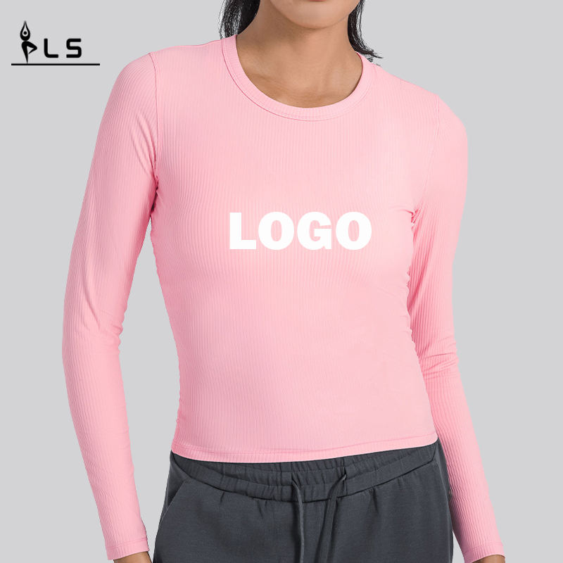 SC10271 Atmungsaktives Yoga Crop Top Fitnessfitness enge T-Shirt Langarm Langarm T-Shirts rund-Hals