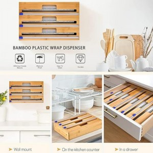 3 in 1 Wrap -Spender mit Cutter, Plastikfolie, Aluminiumfolie und Wachspapierspender für Küchenschublade, Bambusrollen -Organizerhalter, kompatibel mit 12 \\\\ \\\