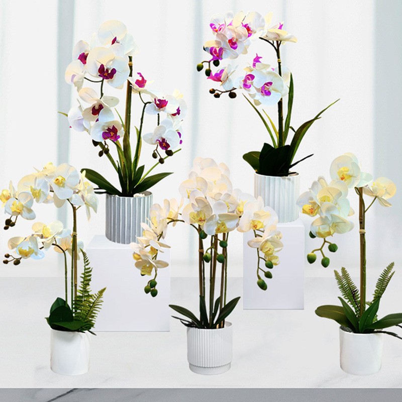 Großhandel echte Berührung weißer künstlicher Schmetterlings Orchideenblume im weißen Topf