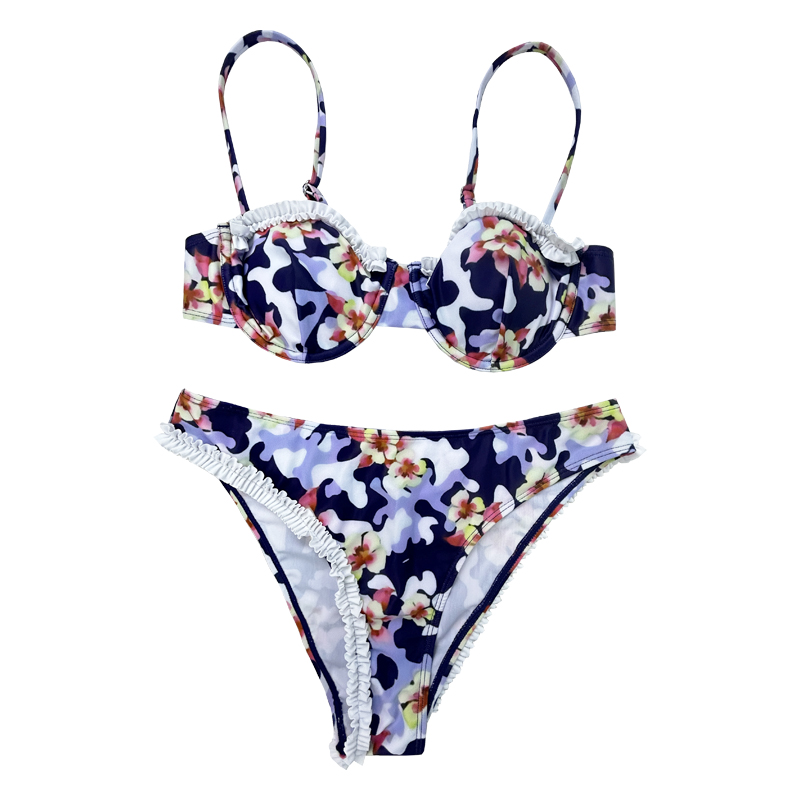 Floral gekräuselte unregelmäßige Bikini-Set zweiteiliger Badeanzug