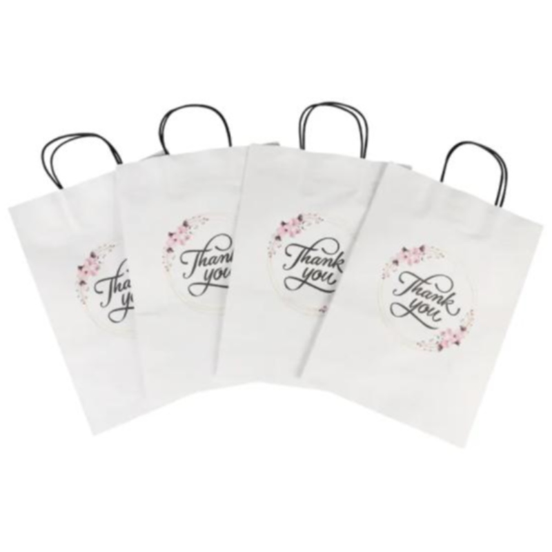 Großhandelspezifische Print Logo Fancy Thanks White Kraft Paper Tasche Spezielle Tag Hochzeit Personalized Geschenktüte mit Griff
