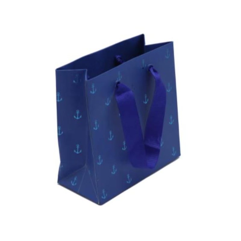 Kleine blaue Schmuck Papiertüten Luxusfolie Stempel Geschenkbeutel mit Griff maßgeschneiderte Mini -Papiertüten