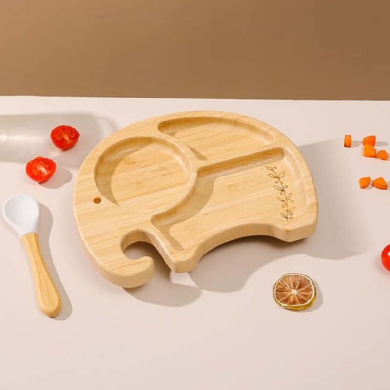 Bambus Elefantenschüssel und Löffel Set für Kinder Kinderkinder Kinder, Saugschale