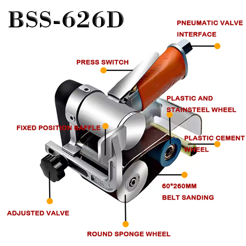 Hand-held Industrial-ADE Kleine pneumatische Gürtelschleifer Pneumatischer Gürtelschleifer Großhandel BSS-626D Pneumatic Draht Zeichnungsmaschine 60*260 Edelstahlgürtelschleifer Pneumatische Gürtelpoliermaschine