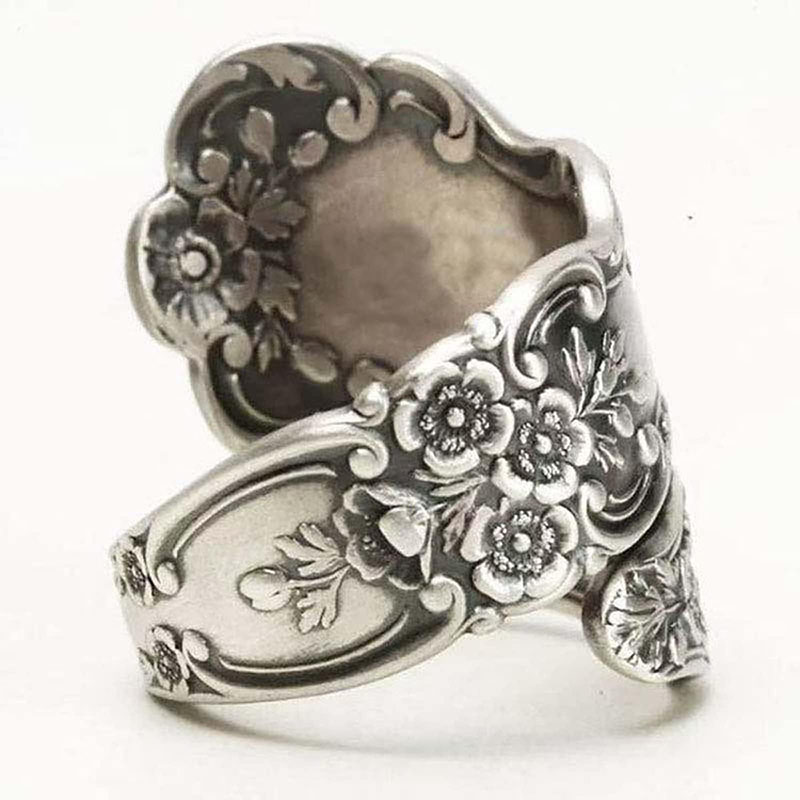 Hongde 925 Sterling Silber oxidierter Löffelring, verstellbarer Ring \„Vintage Blumensprache\