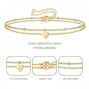 Hongde Golden Heart Armband, 18 Karat vergoldet, Buchstabe A-Z-Anfangsarmband, Herz-Armbandstapel