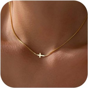 Kreuz-Halskette für Frauen, 14 Karat echtes Gold, versilbert, zierlicher kleiner Kreuz-Anhänger, Halsreif, schlicht, trendig,niedlich, Kreuz-Charm-Kette, Halskette, Glaube, Schmuck, religiöses, minimalistisches Geschenk